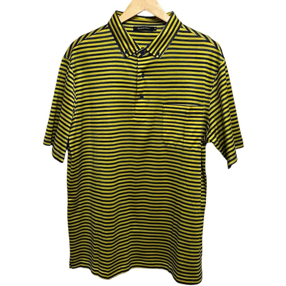 BUGATCHI Navy & Yellow Striped Mercerized Cotton Polo Shirt Men’s Size XLarge